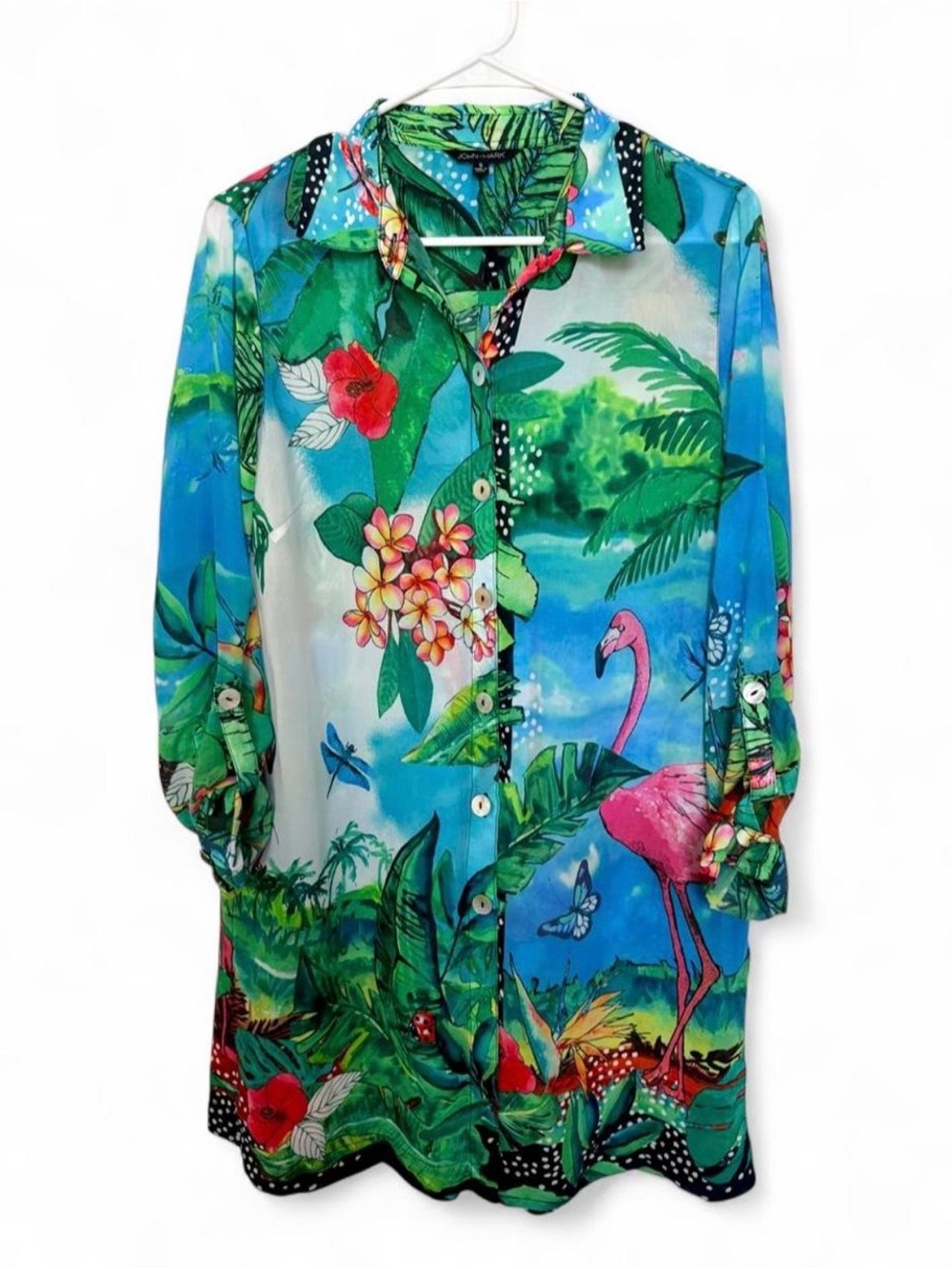 John Mark‎ Tropical Flamingo Sheer Button Up Tunic Blouse Cover Up Small Resort